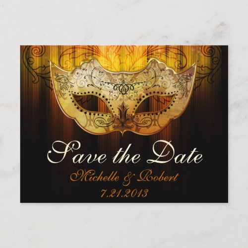 Fancy Flourish Gold Masquerade Wedding Save the Da Announcement Postcard