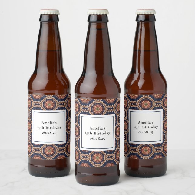 Fancy Flower and Star Shapes Pattern Birthday Beer Bottle Label (Bottles)