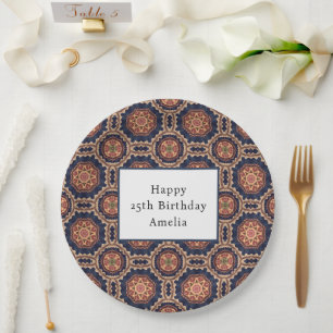 Fancy Flower and Star Shapes Pattern Birthday Paper Plates