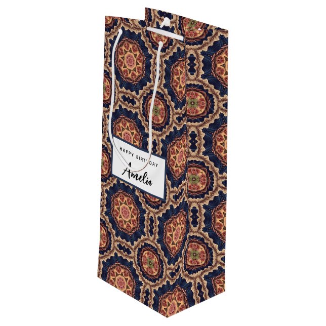 Fancy Flower and Star Shapes Pattern Birthday Wine Gift Bag (Back Angled)