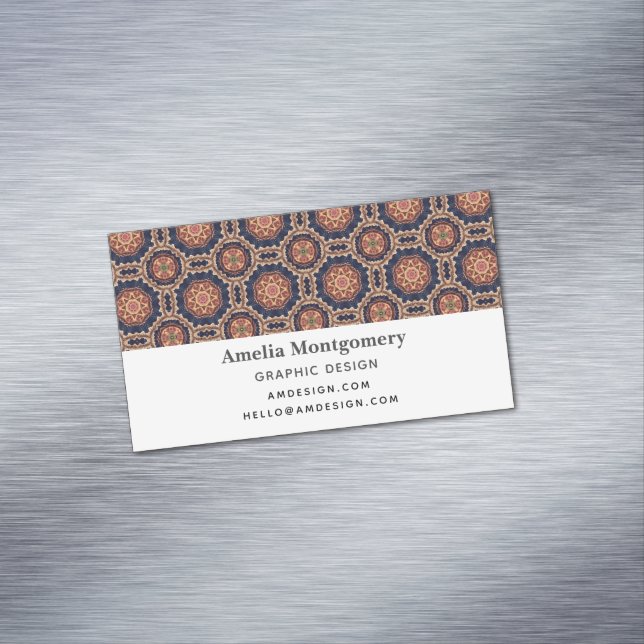 Fancy Flower and Star Shapes Pattern Business Card Magnet (In Situ)