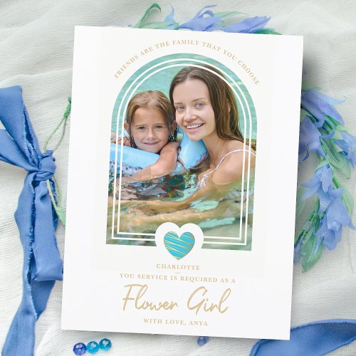 Fancy Flower Girl Blue Heart Photo Proposal Postcard