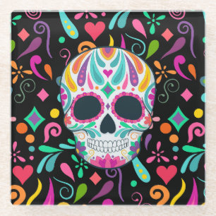 Fancy Flowered Sugar Skull Glass Coaster