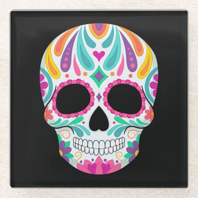 Fancy Flowered Sugar Skull Glass Coaster (Front)