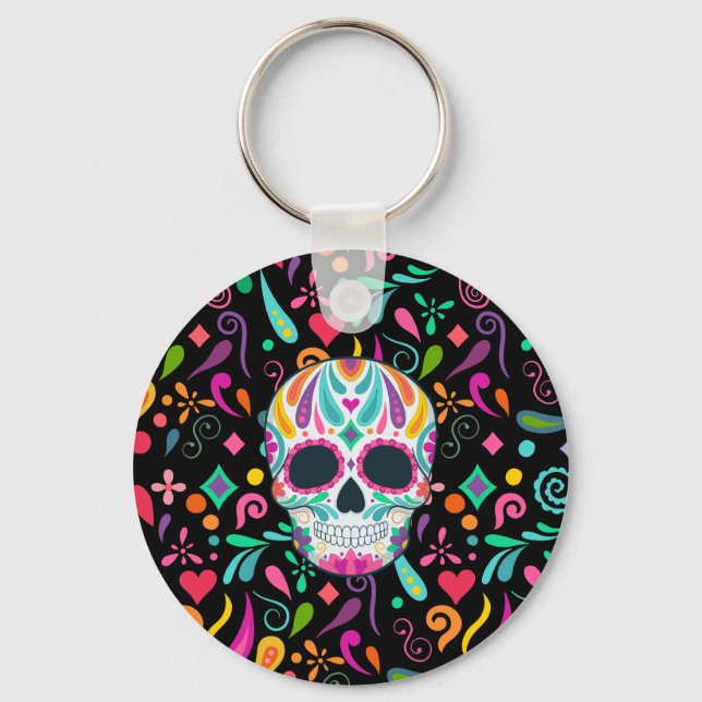 Fancy Flowered Sugar Skull Keychain (Front)