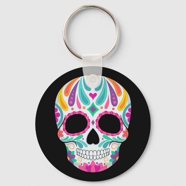 Fancy Flowered Sugar Skull Keychain (Front)