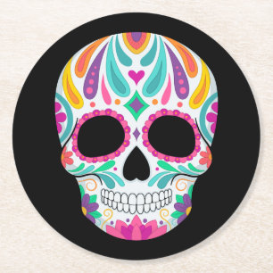 Fancy Flowered Sugar Skull Round Paper Coaster