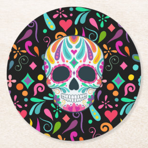 Fancy Flowered Sugar Skull Round Paper Coaster