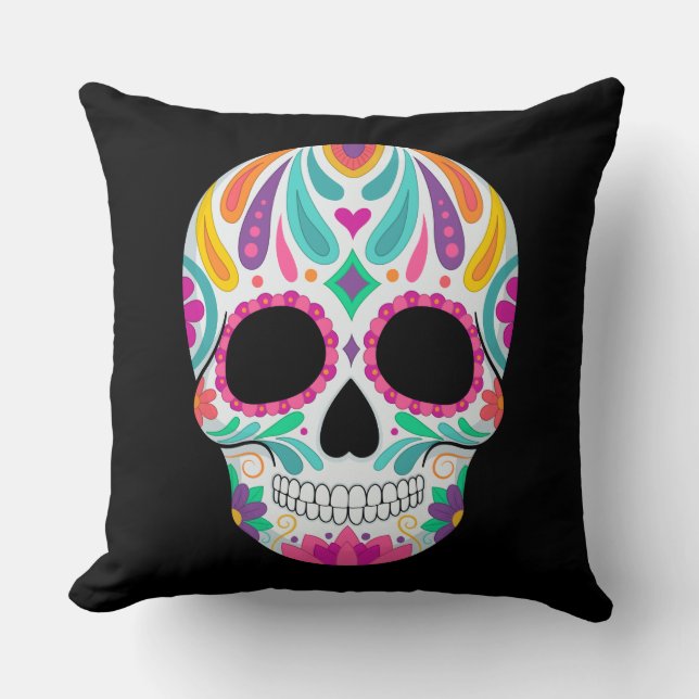 Fancy Flowered Sugar Skull Throw Pillow (Front)