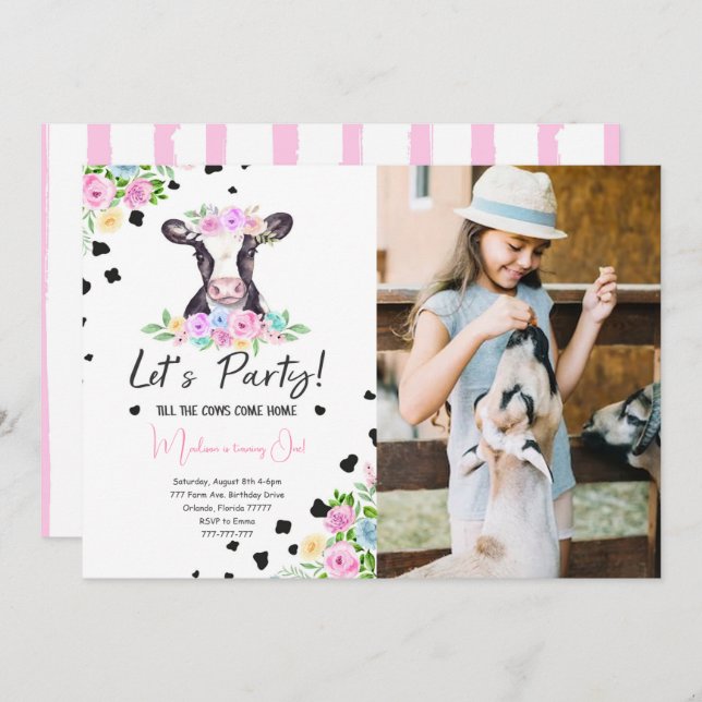 Fancy Font Cow Birthday Photo Invitation (Front/Back)