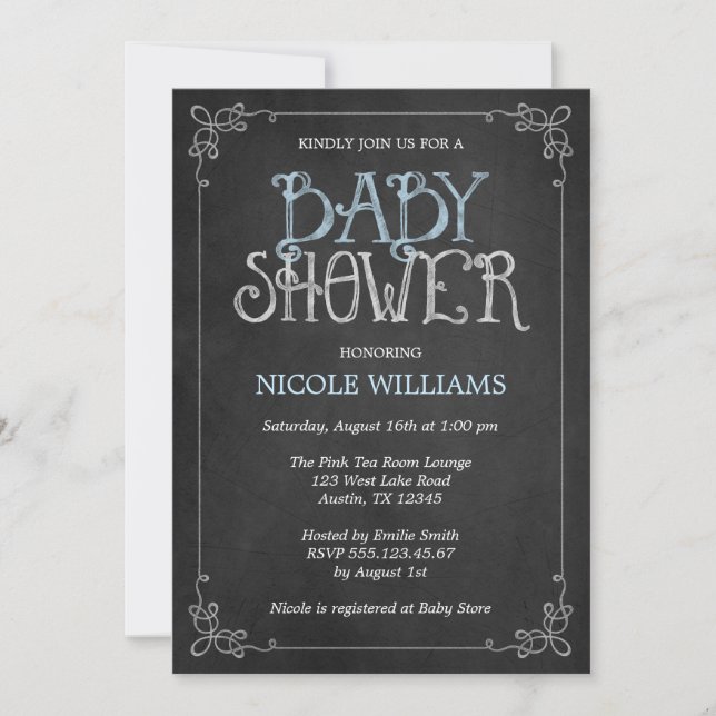 Fancy Frame Blue Vintage Chalkboard Baby Shower Invitation (Front)