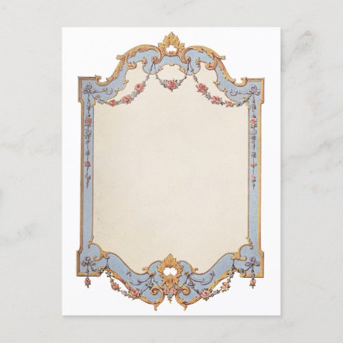 Fancy French Vintage Frame Blue Gold Scroll Rose Postcard