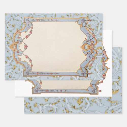 Fancy French Vintage Frame Blue Gold Scroll Rose  Wrapping Paper Sheets