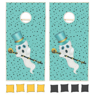 Fancy Ghost Blue Top Hat Skull Cane on Black Stars Cornhole Set