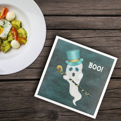 Fancy Ghost in Blue Top Hat Holding Skull Can Sky Paper Dinner Napkins