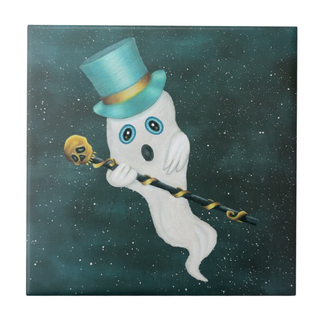 Fancy Ghost in Night Sky Bright Blue Eyes Skull Ceramic Tile (Front)