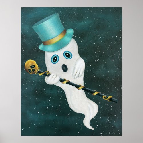 Fancy Ghost Silly Face Top Hat Cane Starry Sky Poster