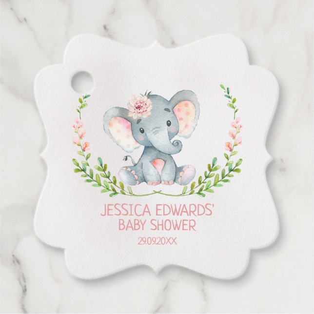 Fancy girl's elephant baby shower tag (Front)