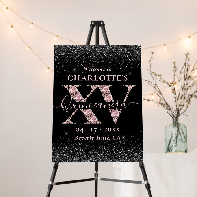 Fancy Glam Black and Pink Quinceanera Welcome Sign (In Situ (Stand))
