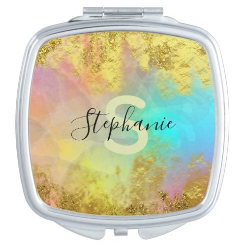 Fancy Glam Chic Rainbow Gold Metallic Foil Glitter Compact Mirror