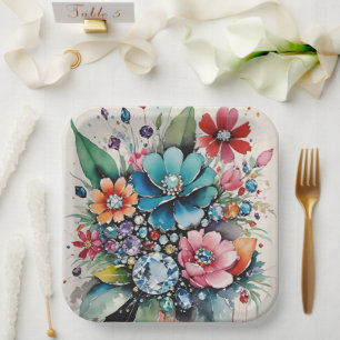 Fancy Glam Flowers Gems And Sparkling Jewels Paper Plates