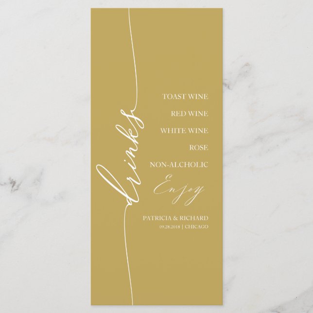 Fancy Gold 4x9 Wedding Drink Menu Card For Plate (Front)