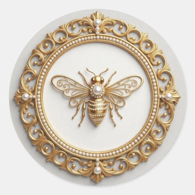 Fancy Gold and Pearl Bee Classic Round Sticker (Front)
