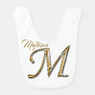 Fancy Gold and Silver Letter M Monogram Initial Baby Bib