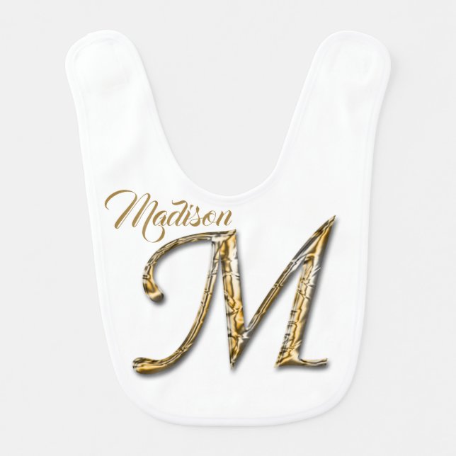 Fancy Gold and Silver Letter M Monogram Initial Baby Bib (Front)
