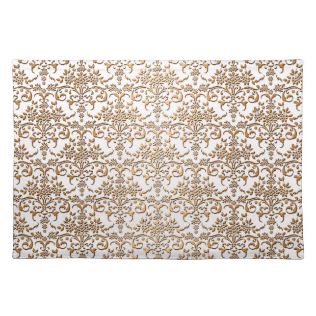 Fancy Gold and White Damask Pattern Cloth Placemat (Front)