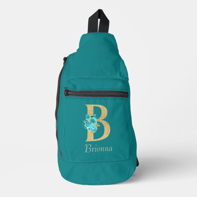 Fancy Gold & Aqua Floral Letter B  Sling Bag (Front)