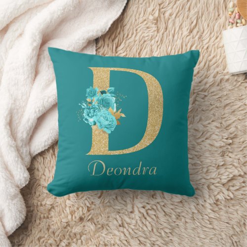 Fancy Gold  Aqua Floral Letter D Throw Pillow