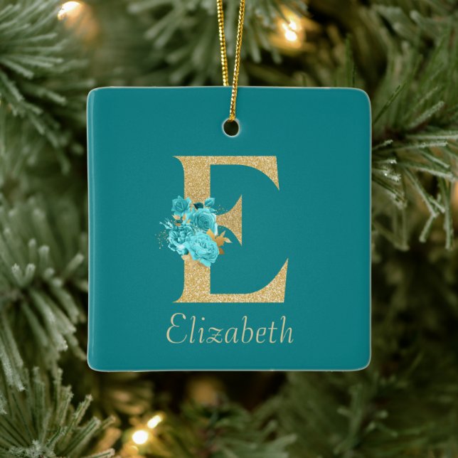 Fancy Gold & Aqua Floral Letter E  Ceramic Ornament (Tree)