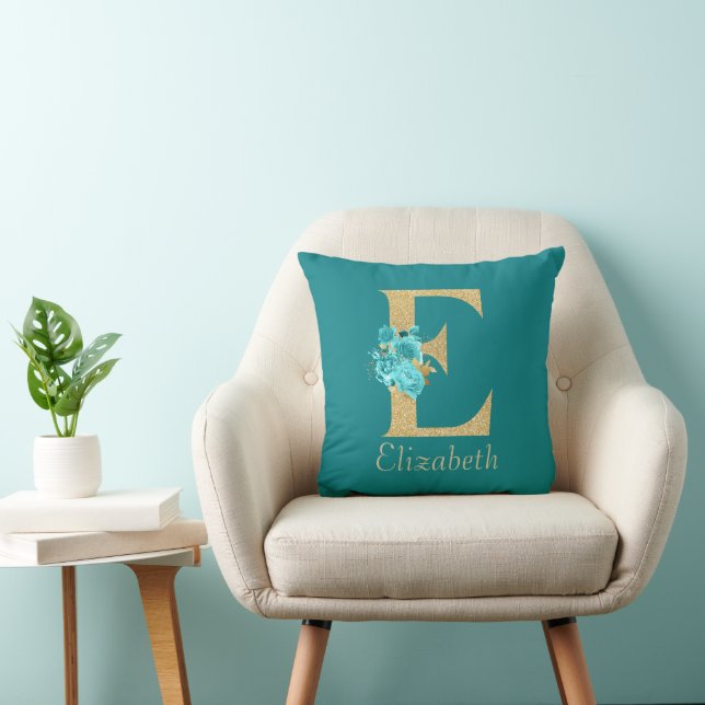 Fancy Gold & Aqua Floral Letter E Throw Pillow (Chair)