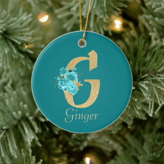 Fancy Gold & Aqua Floral Letter G  Ceramic Ornament (Tree)