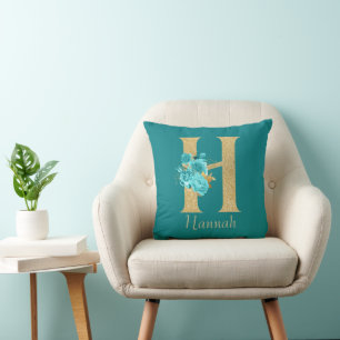 Fancy Gold & Aqua Floral Letter H Throw Pillow