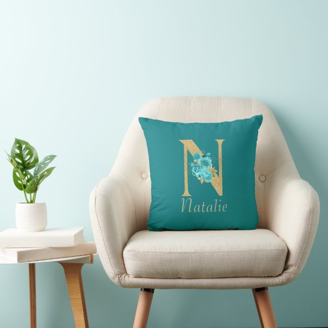 Fancy Gold & Aqua Floral Letter N Throw Pillow (Chair)