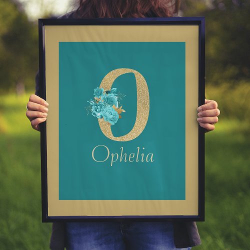 Fancy Gold  Aqua Floral Letter O Wall Print