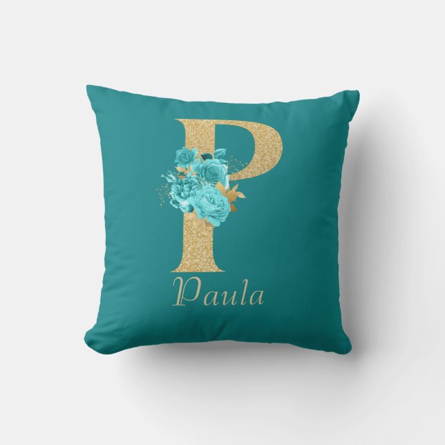 Fancy Gold & Aqua Floral Letter P Throw Pillow (Front)