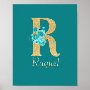 Fancy Gold & Aqua Floral Letter R Poster