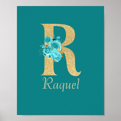 Fancy Gold  Aqua Floral Letter R   Poster