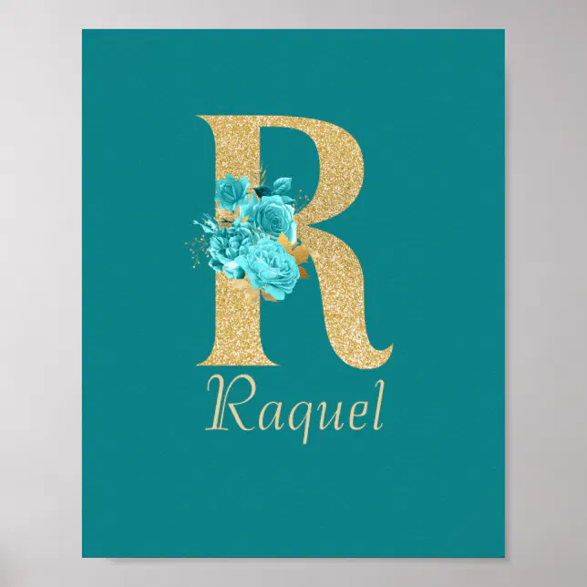 Fancy Gold & Aqua Floral Letter R Poster | Zazzle