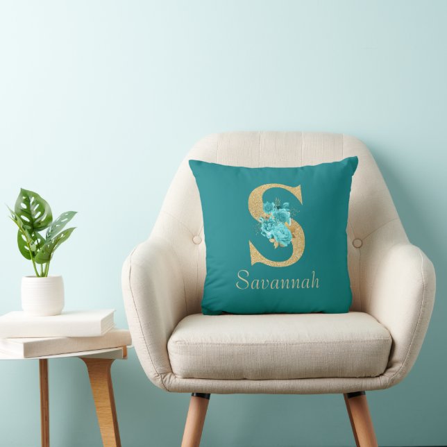 Fancy Gold & Aqua Floral Letter S Throw Pillow (Chair)