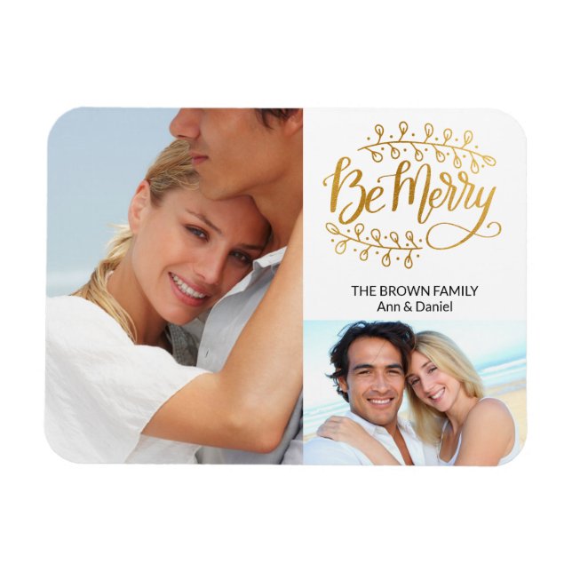 Fancy Gold Be Merry 2 Photo Collage Holiday Magnet (Horizontal)