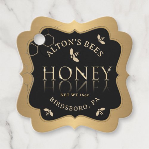 Fancy Gold Bees Honeycomb on Black Honey Tag 