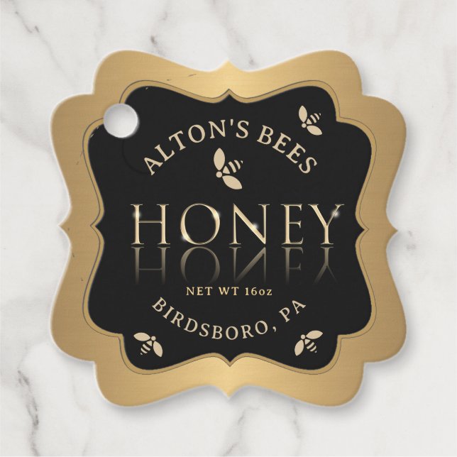 Fancy Gold Bees Honeycomb on Black Honey Tag  (Front)