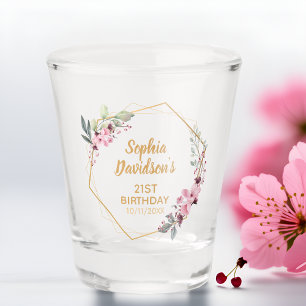 Fancy Gold Cherry Blossom Name Date 21st Birthday Shot Glass