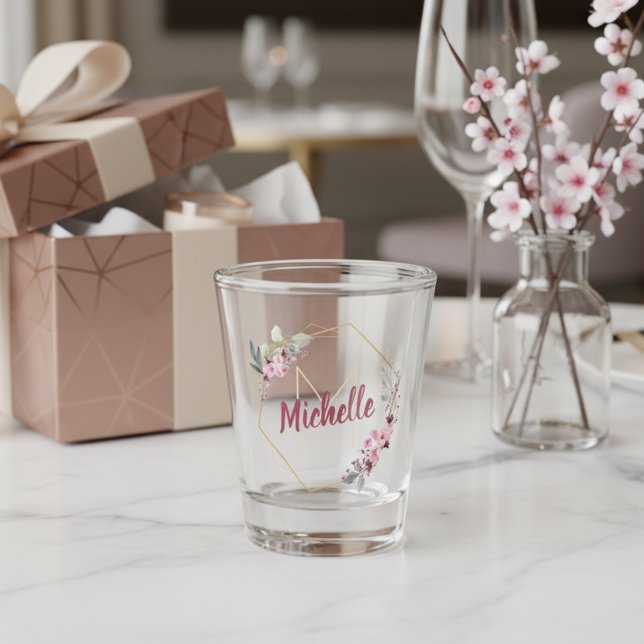 Fancy Gold Cherry Blossom with Monogram and Name Shot Glass (Personalized 21st Birthday gift idea! Elegant monogram & name shot glass decorated w/ cherry blossom)