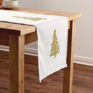 Fancy Gold Christmas Tree Classic Retro Holiday Short Table Runner