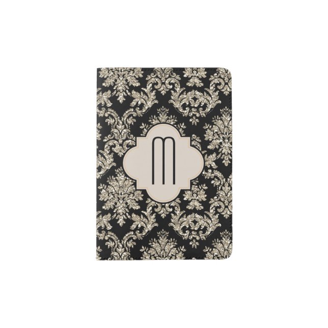 Fancy Gold Damask on Black Monogram Passport Holder (Front)